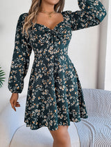 Printed Sweetheart Neck Balloon Sleeve Mini Dress Dark Green b16777d7-2fd9-423f-abf6-b0716251bae4-Max Glownestbest