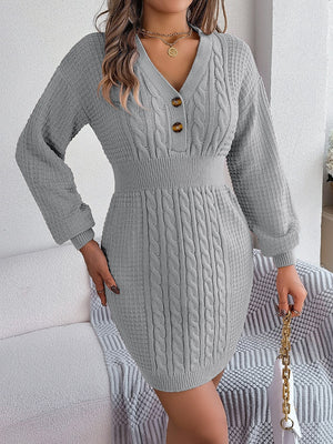 Buttoned Cable-Knit V-Neck Sweater Dress b16d8b9ef05142aa802b25c6bf348afd-Max Glownestbest