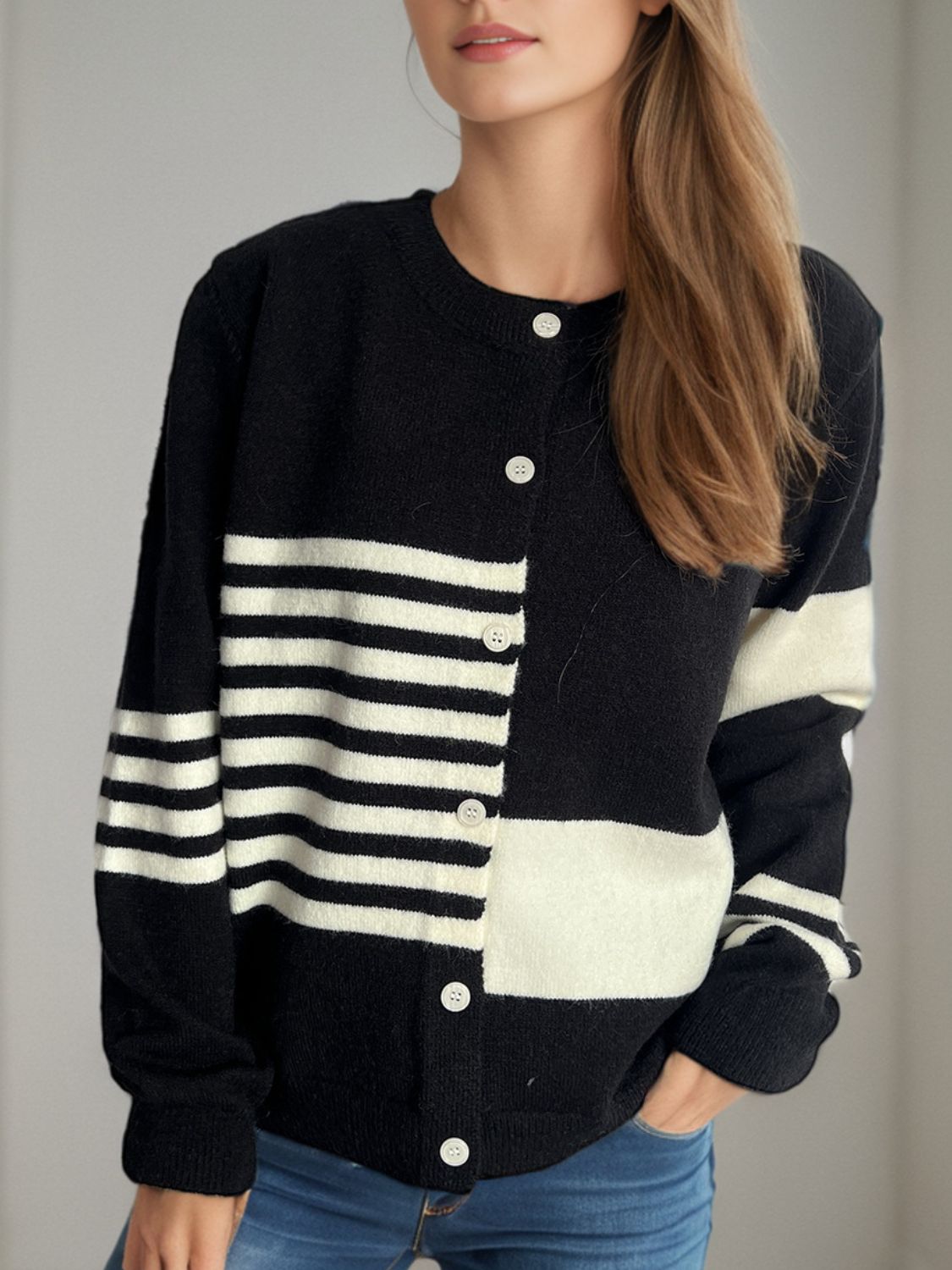 Striped Color Block Round Neck Cardigan Black One Size b1ab8b11-38e4-499e-8730-72382fc82d1a-Max Glownestbest