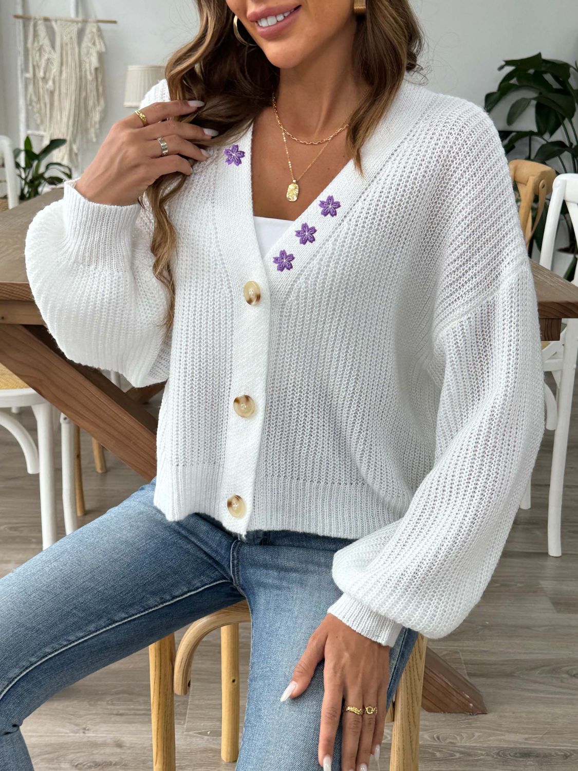 Glownestbest® | V-Neck Button Up Long Sleeve Cardigan White b1cb0961-d9d1-493b-bbdf-5ec4ac1c26f6-Max Glownestbest