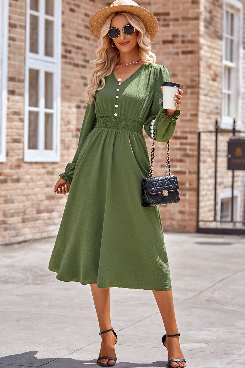 Smocked V-Neck Flounce Sleeve Midi Dress b1d3ad04-c9f4-43fb-9925-ab7600ecb667-Max Glownestbest