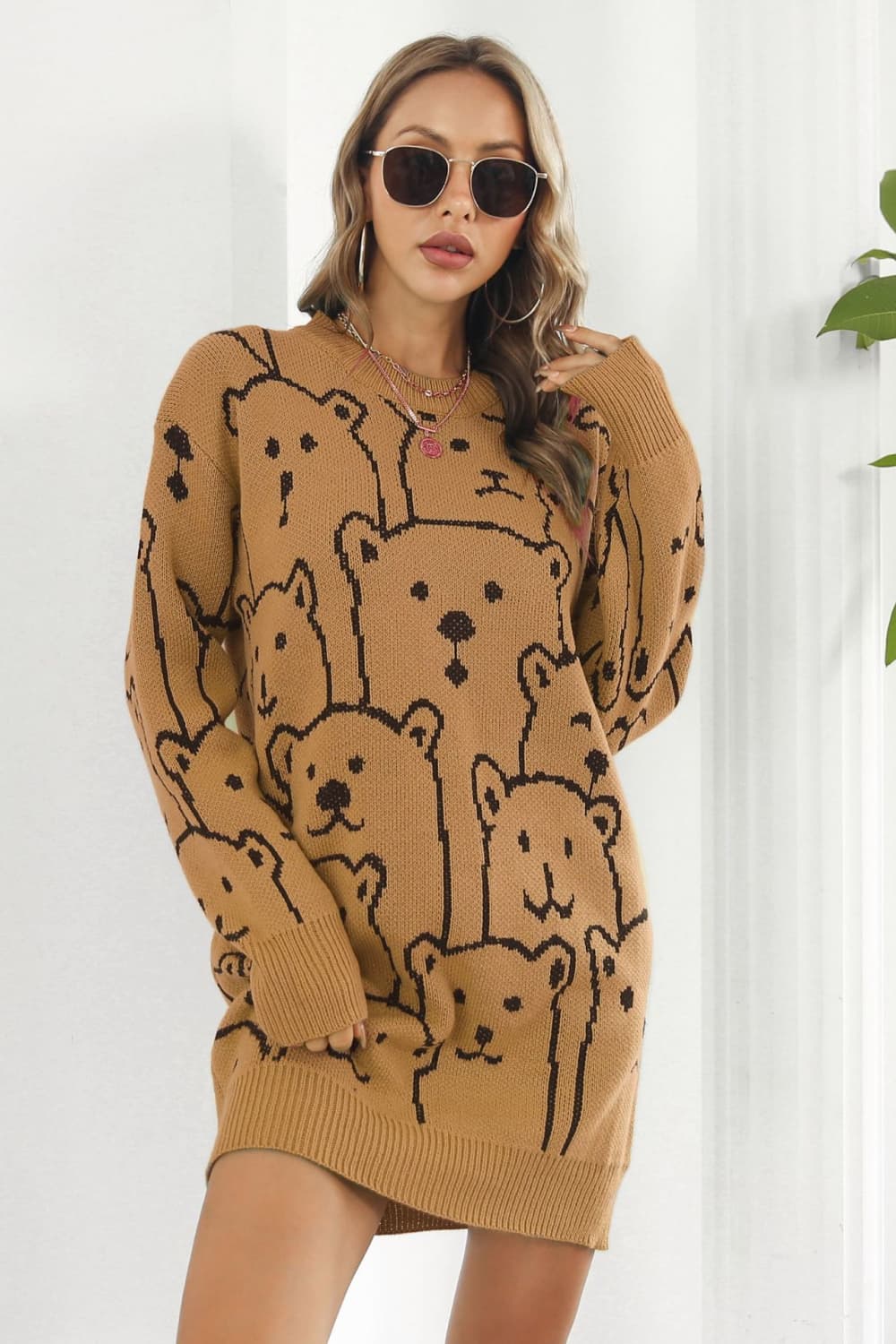 Bear Pattern Round Neck Sweater Dress Caramel b1f3951ae1db478f9d53a75a1dad328a-Max Glownestbest