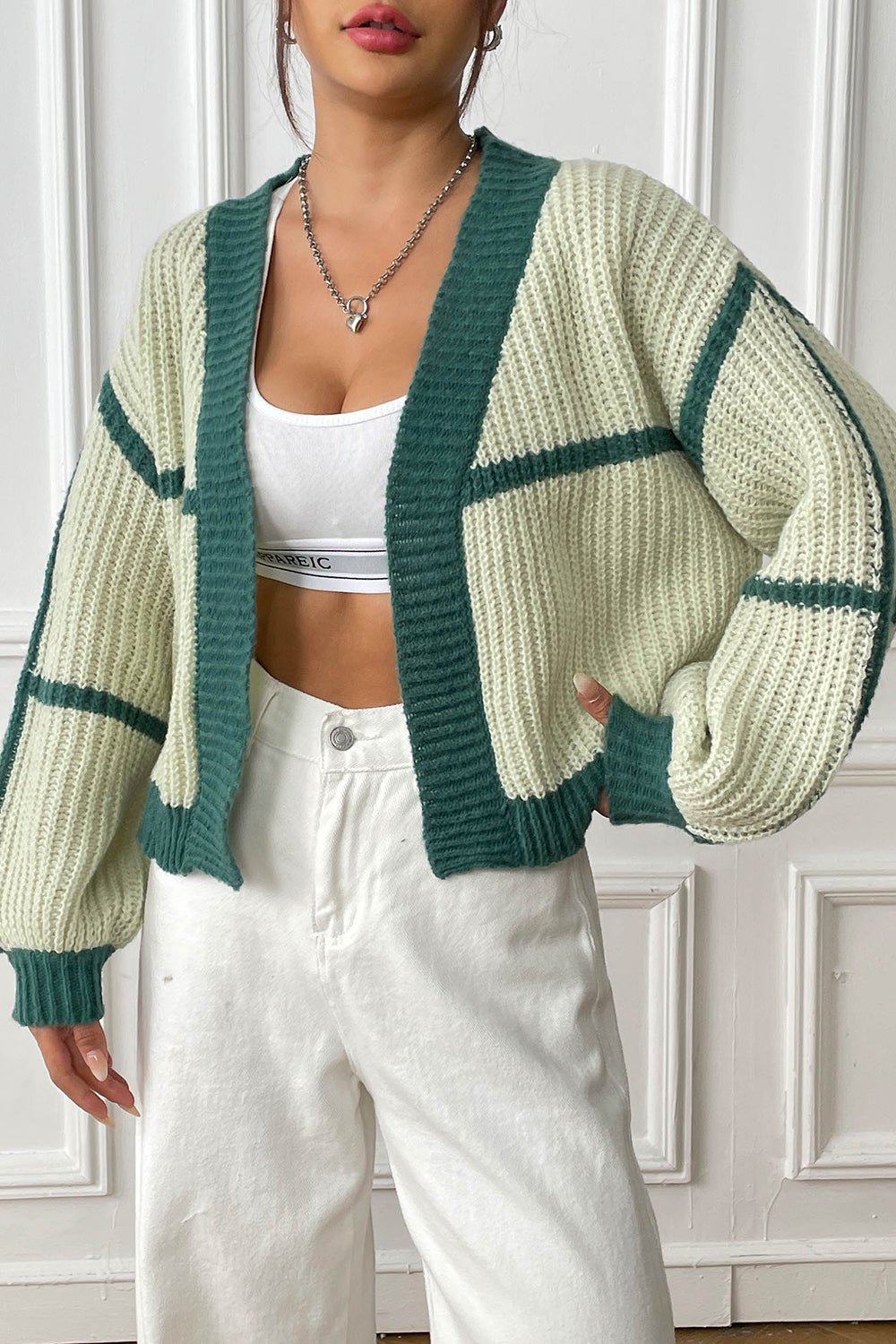 Glownestbest® | Contrast Open Front Long Sleeve Cardigan b20ee51b05844d0199f1a71033cf1643-Max Glownestbest