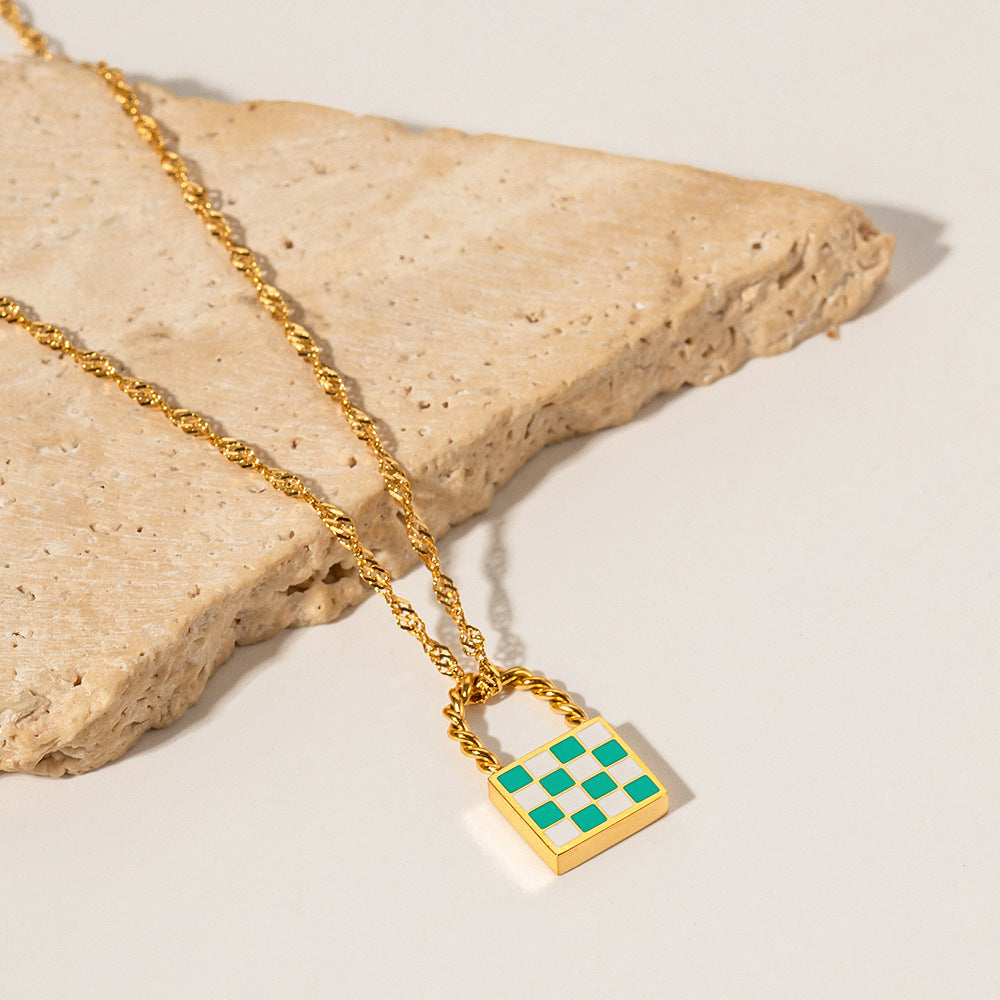 18K Novel Fashion Checker Checker Green and White Design Versatile Pendant Necklace b21bf382-f8bc-41d3-90fa-24e42deddfec Artshiney