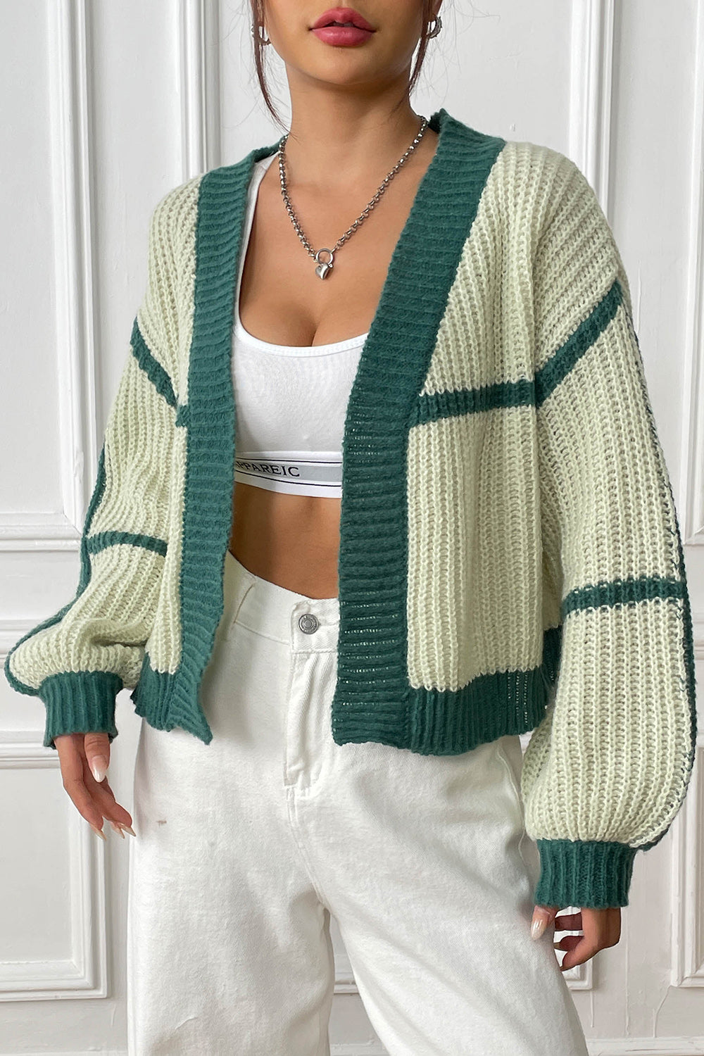 Glownestbest® | Contrast Open Front Long Sleeve Cardigan Gum Leaf b277c199591a40b7ad4c4fac9f44553f-Max Glownestbest