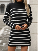 Striped Mock Neck Long Sleeve Mini Dress Black b2a2de30-298b-4fa2-b0fd-e2d0ee9e0bea-Max Glownestbest
