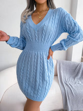 Cable-Knit V-Neck Mini Sweater Dress Sky Blue b33d572526dc499597a60204819351a0-Max Glownestbest