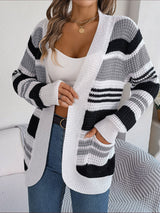 Striped Open Front Long Sleeve Cardigan Charcoal b37cbe1581334a149c727f8e23c57702-Max Glownestbest