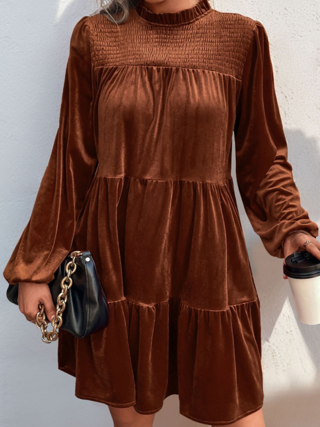 Perfee Tiered Ruched Mock Neck Long Sleeve Dress b41c6bcc-3bfa-46e9-bc68-1003dfff1b56-Max Glownestbest
