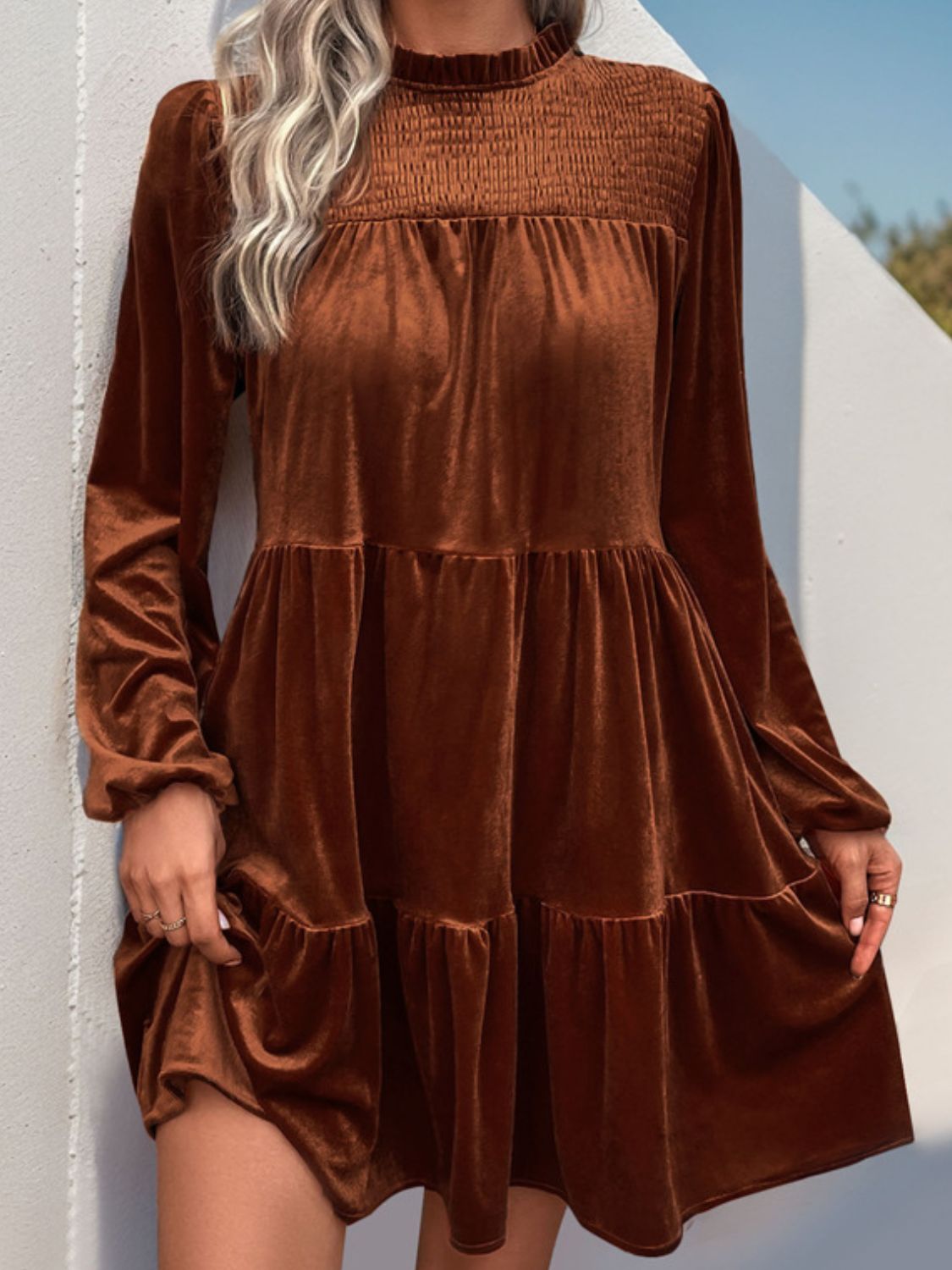 Perfee Tiered Ruched Mock Neck Long Sleeve Dress Caramel b44b753c-9cac-4ada-b6be-9f924f6cab47-Max Glownestbest