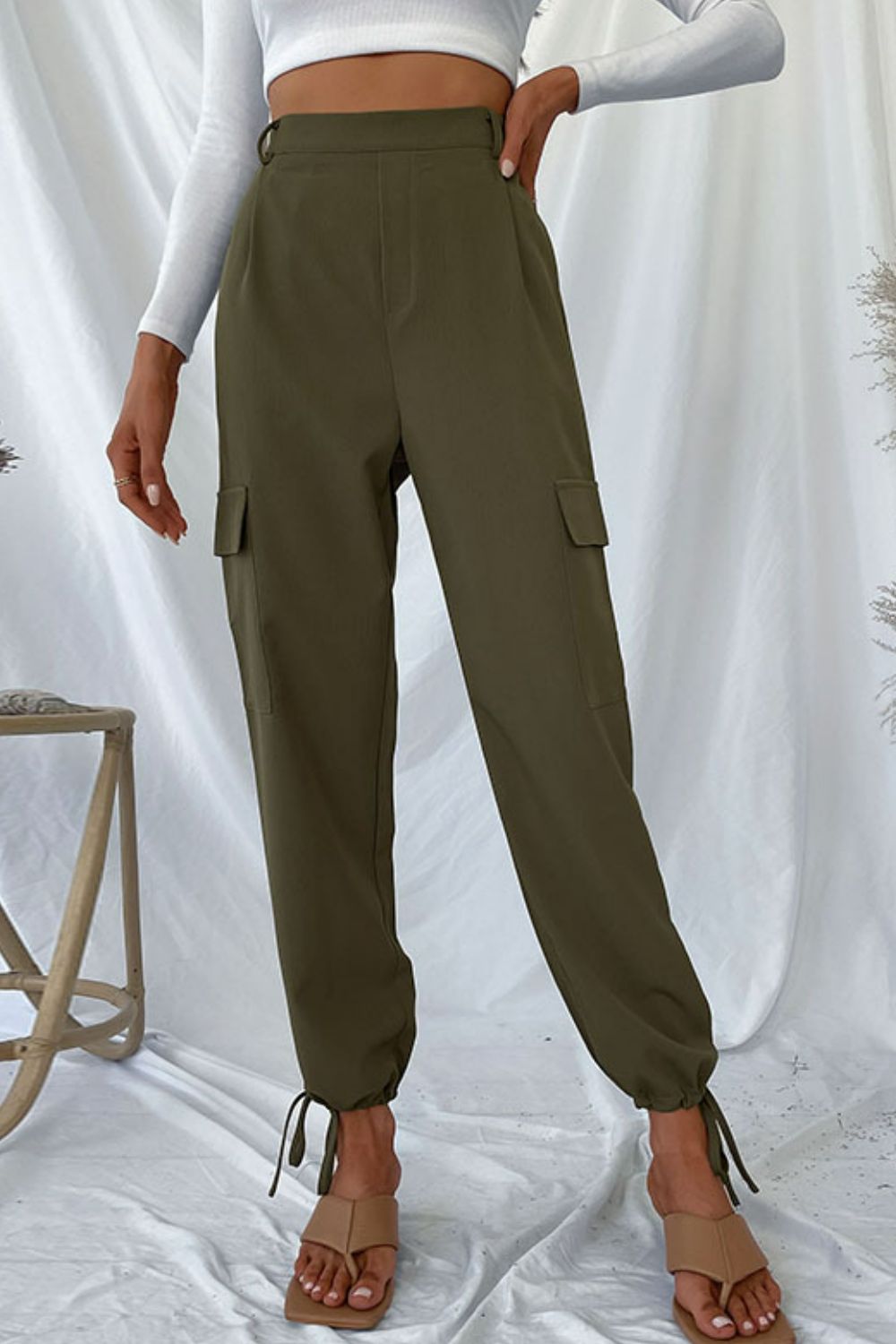 Perfee Drawstring Ankle Cargo Pants Army Green b493b1881cb14017b9163fcd9a8a25dd-Max Trendsi
