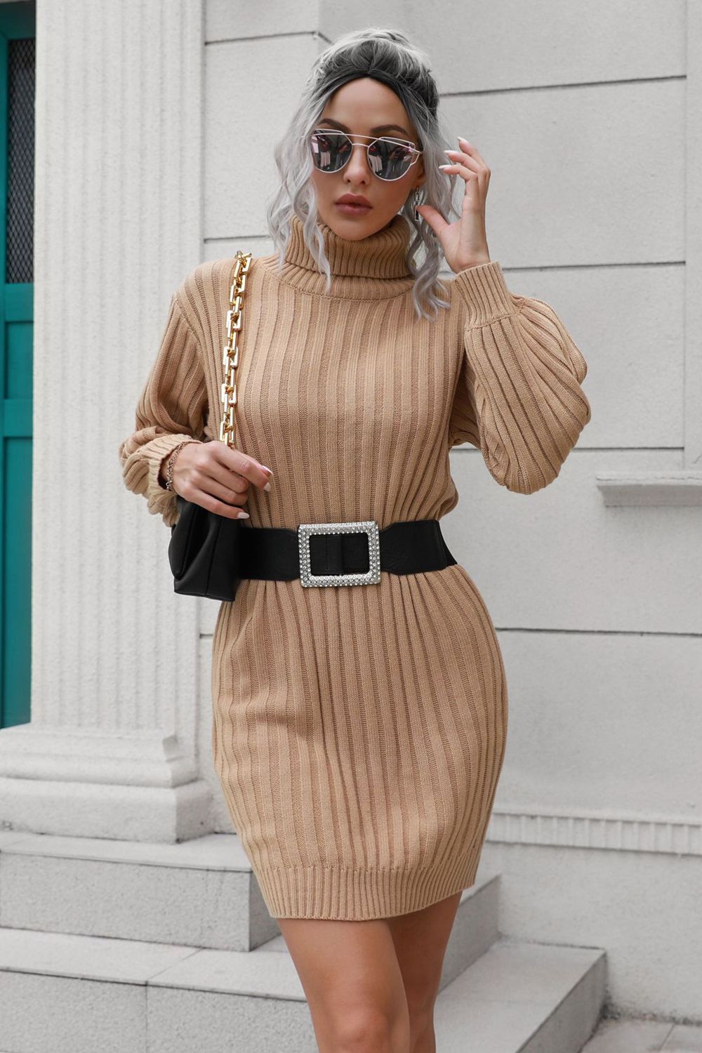 Ribbed Turtle Neck Long Sleeve Mini Sweater Dress Camel b50786adf37a4654a06b2d1d0f9b3034-Max Glownestbest