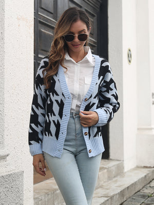 Houndstooth Button Down Cardigan b539245d50e448f693a9d7e6f9037030-Max Glownestbest