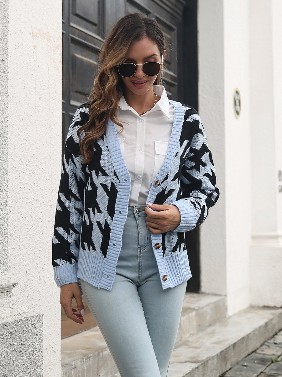 Houndstooth Button Down Cardigan b539245d50e448f693a9d7e6f9037030-Max Glownestbest