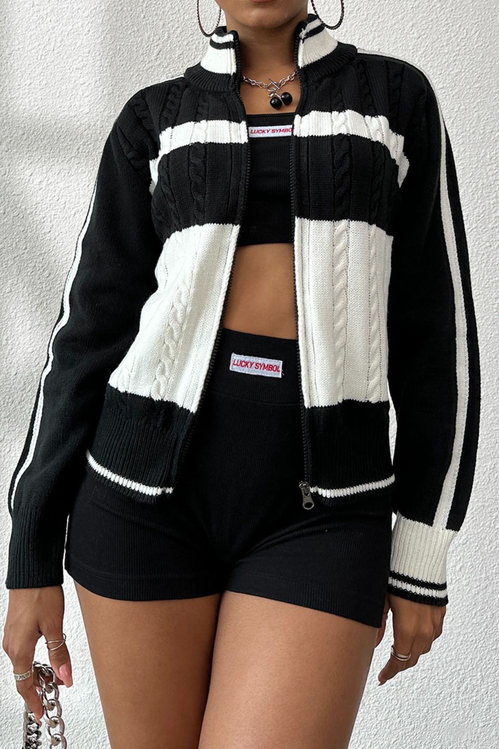 Cable-Knit Color Block Raglan Sleeve Cardigan Black b561e8cb-c640-4238-ad13-d115764ac252-Max Glownestbest