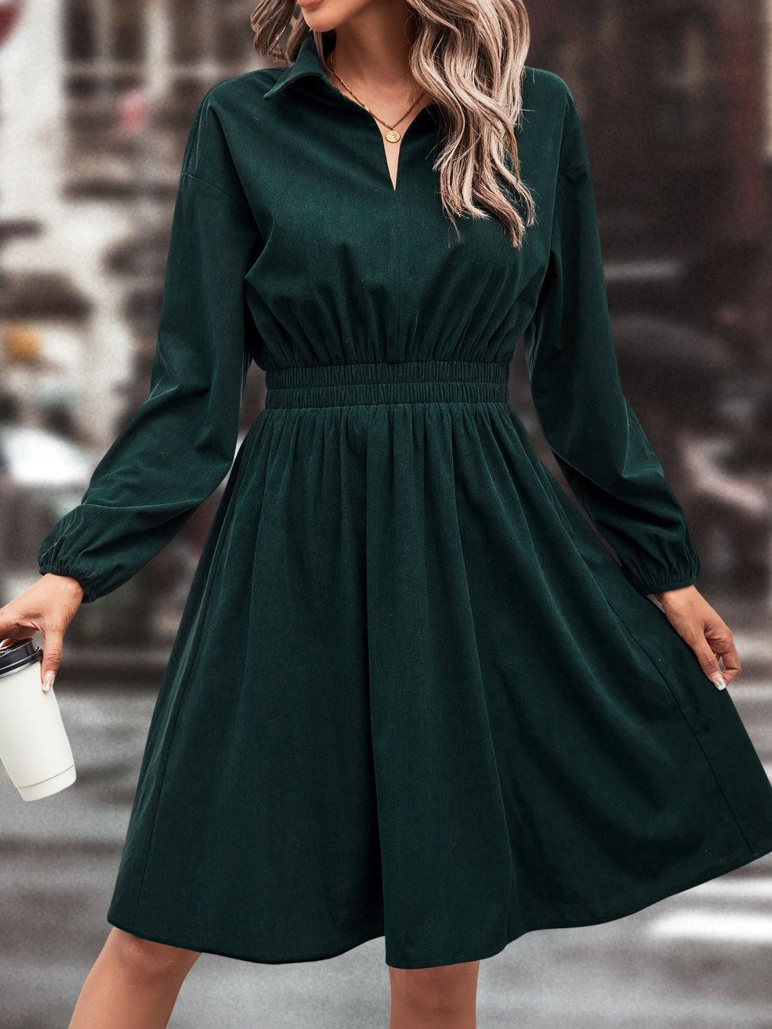Smocked Johnny Collar Long Sleeve Dress Black Forest b5ce99bc-dd36-4f70-a807-e6343a4e472f-Max Glownestbest