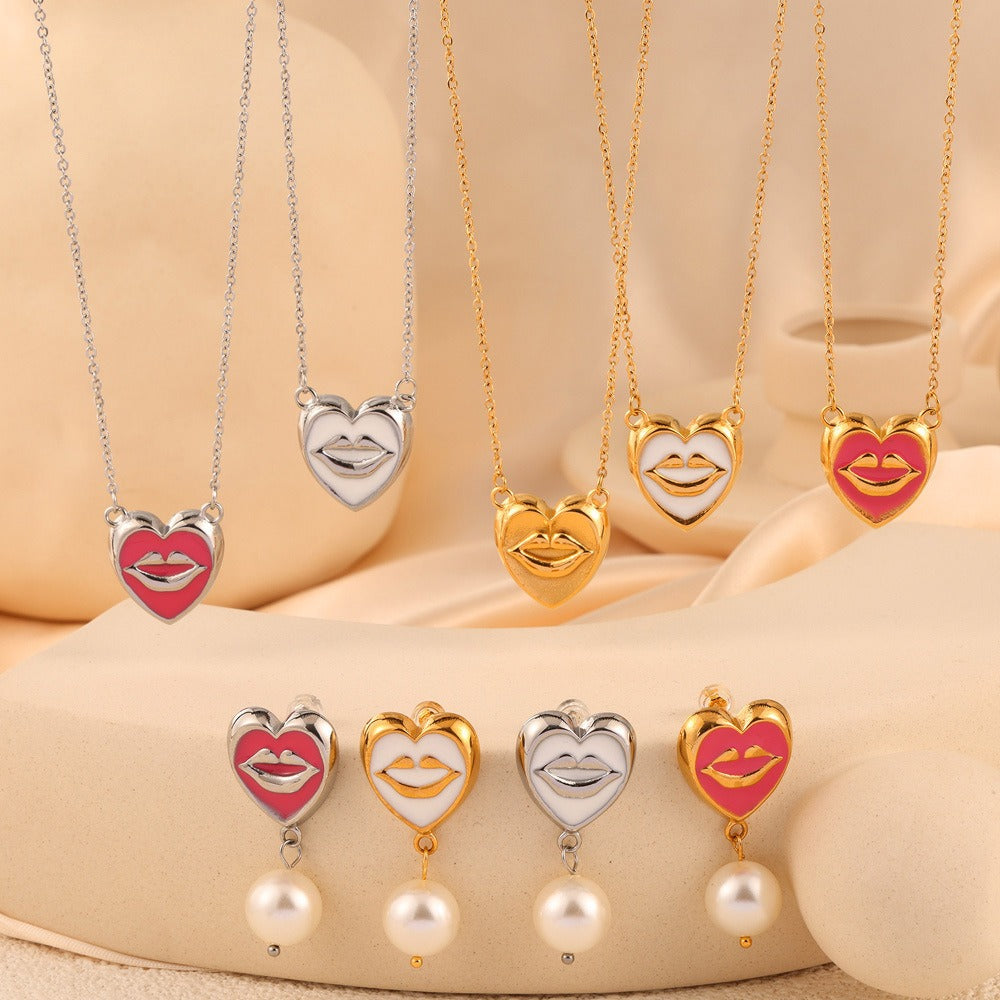 18K gold trendy personalized lips with pearl design simple style necklace and earrings set b5e7698d-0760-448b-b930-9476425a6f99 Artshiney