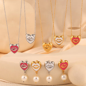 18K gold trendy personalized lips with pearl design simple style necklace and earrings set b5e7698d-0760-448b-b930-9476425a6f99 Artshiney