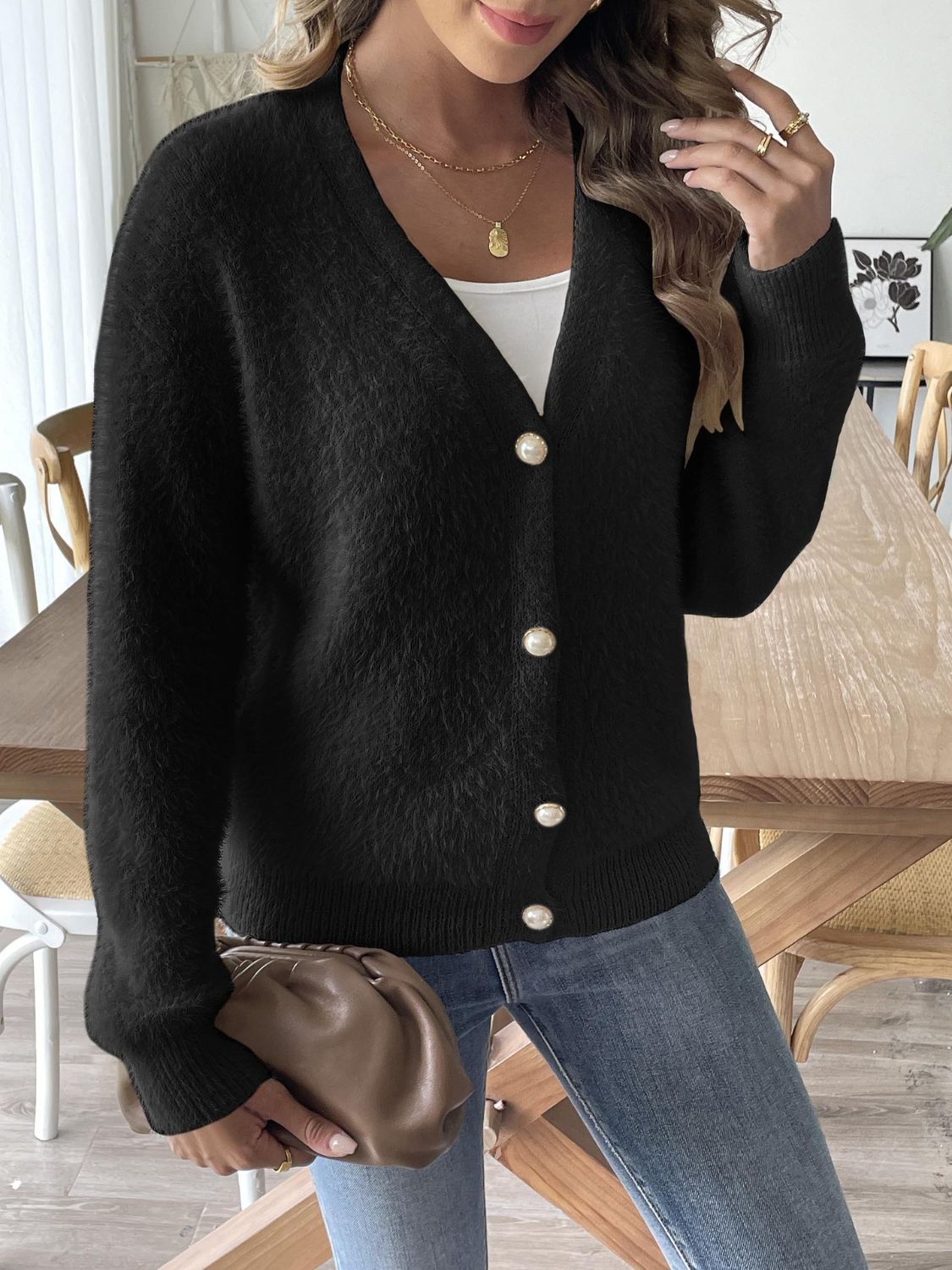 Button Up V-Neck Long Sleeve Cardigan b6146250-8bc3-4337-a9db-605c833f85f2-Max Glownestbest