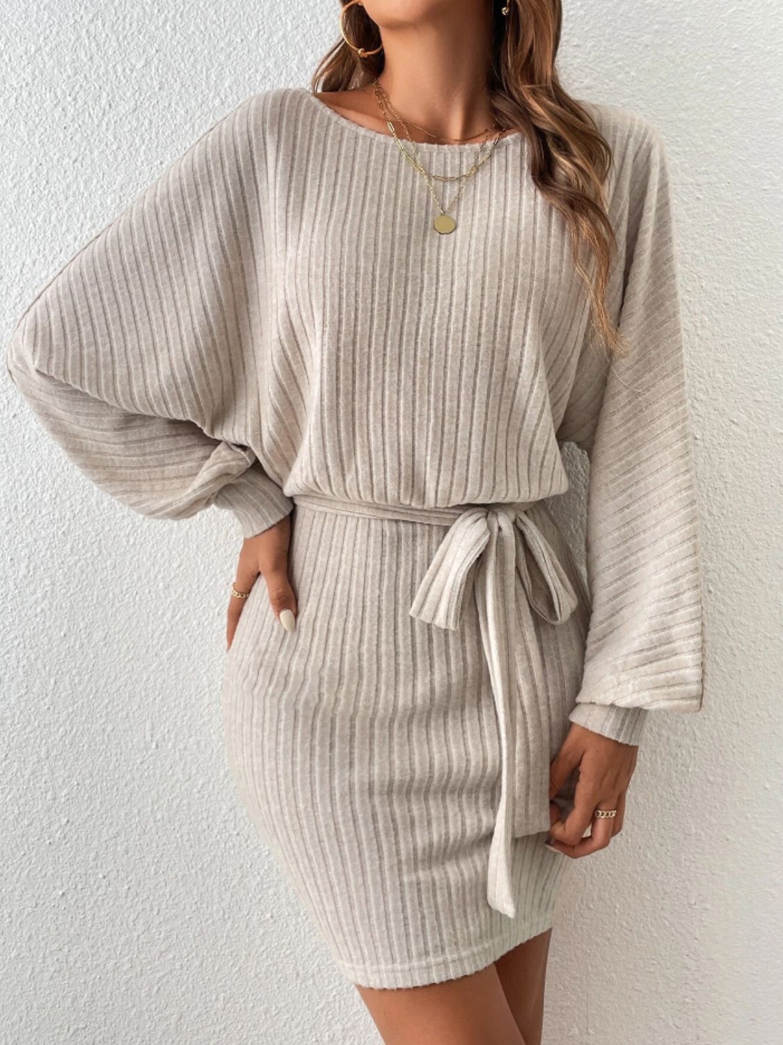Round Neck Tie Waist Long Sleeve Mini Dress Khaki b63c6777-1c5d-4797-aa63-459fb8c48207-Max Glownestbest