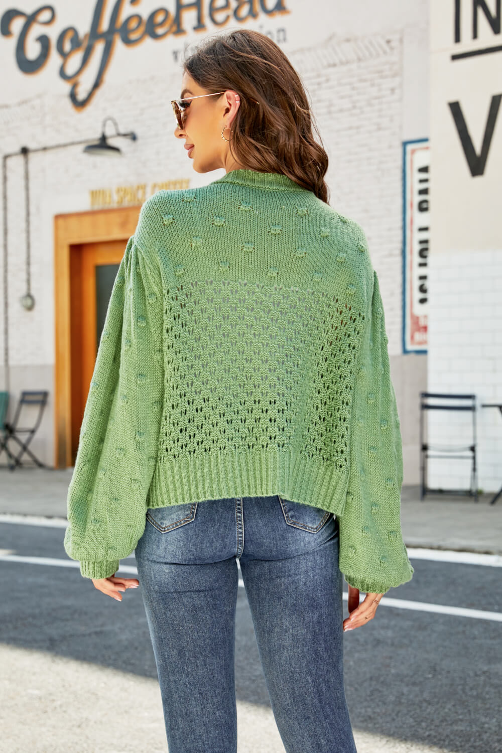Woven Right Openwork Pompom Puff Sleeve Cardigan b6aec3ff54224ec0b32a6499a0012a29-Max Glownestbest