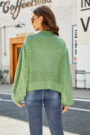 Woven Right Openwork Pompom Puff Sleeve Cardigan b6aec3ff54224ec0b32a6499a0012a29-Max Glownestbest