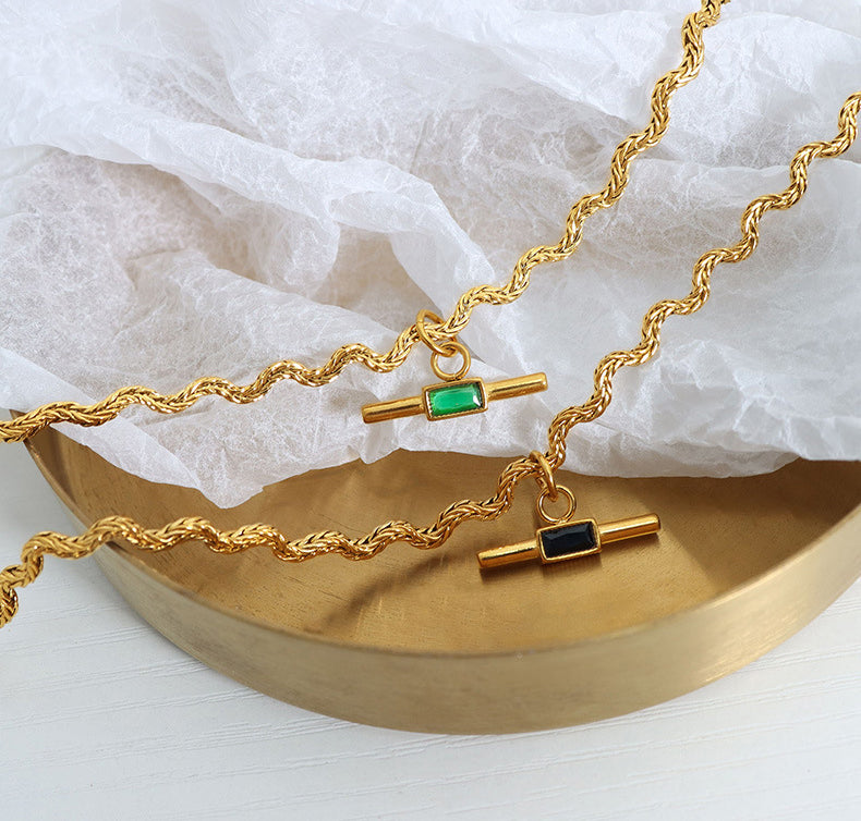 18K gold novel and trendy wave-shaped chain with square stone design necklace b6b4ef95-65f7-423c-aa0c-faf3d4e6820c Artshiney