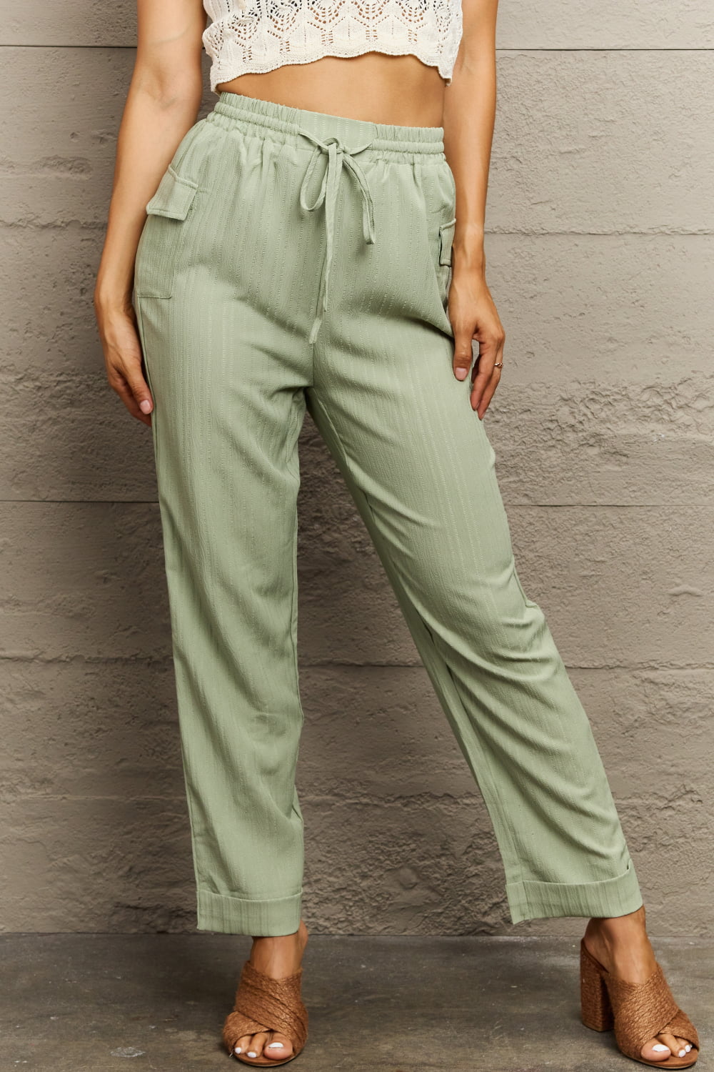 Perfee Tie Waist Long Pants Light Green b716d67e959840deb0d46caafde7b4a9-Max Trendsi