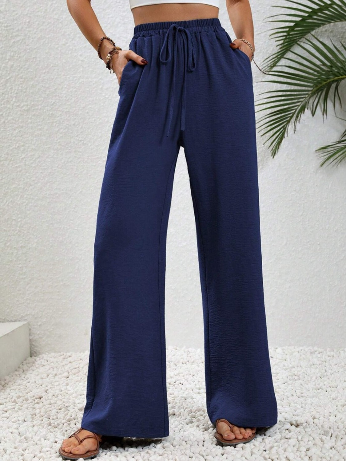 Wide Leg Drawstring Pants Dark Blue b721f535-9b1e-4109-bd57-64090aad74c8-Max Trendsi