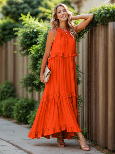 Ruffled Sleeveless Tiered Maxi Dress with Pockets b790a3b1-40d5-4b32-a964-cf0fed396f99-Min Glownestbest