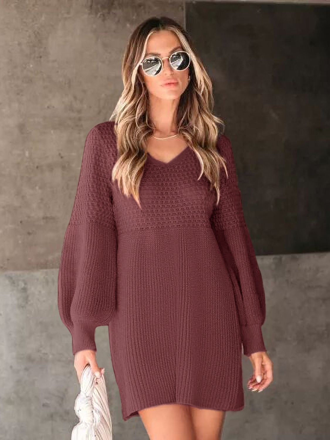 Perfee V-Neck Long Sleeve Sweater Dress Burgundy b7e22a0c-4bd6-4abc-9873-21b736b33683-Max Glownestbest