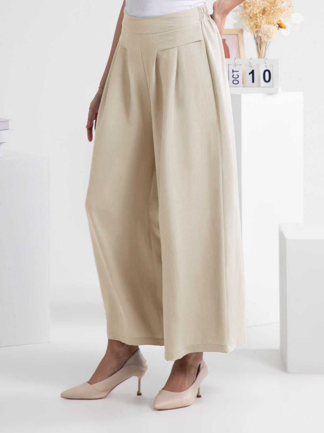 FAM-FAM Wide Leg Elastic Waist Pants Cream b8269d87-027d-477a-ab1e-6c6be0183853-Max Trendsi