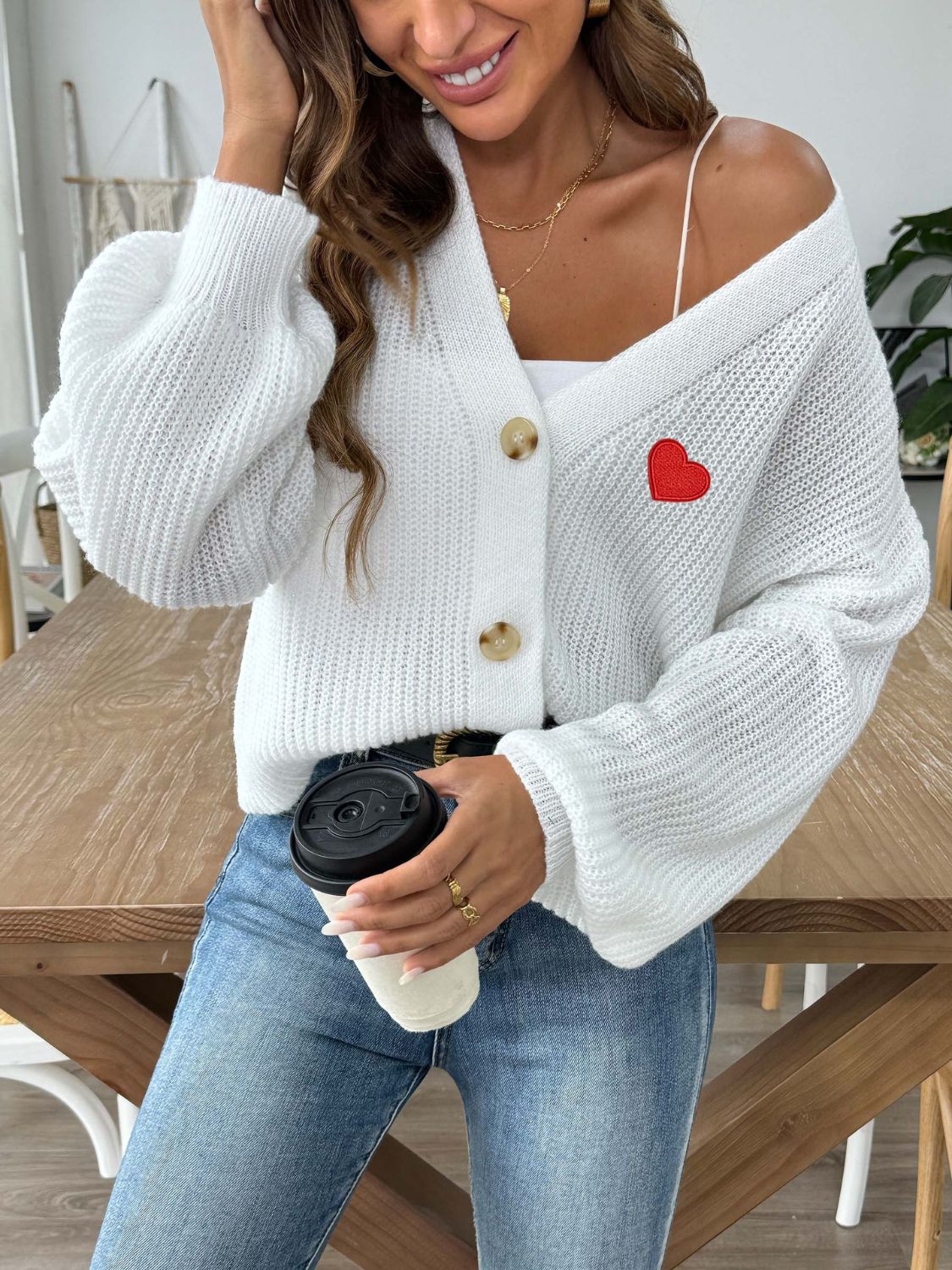 Heart Button Down V-Neck Long Sleeve Cardigan White b8335711-bf53-4fef-8542-d0bb88c7238d-Max Glownestbest