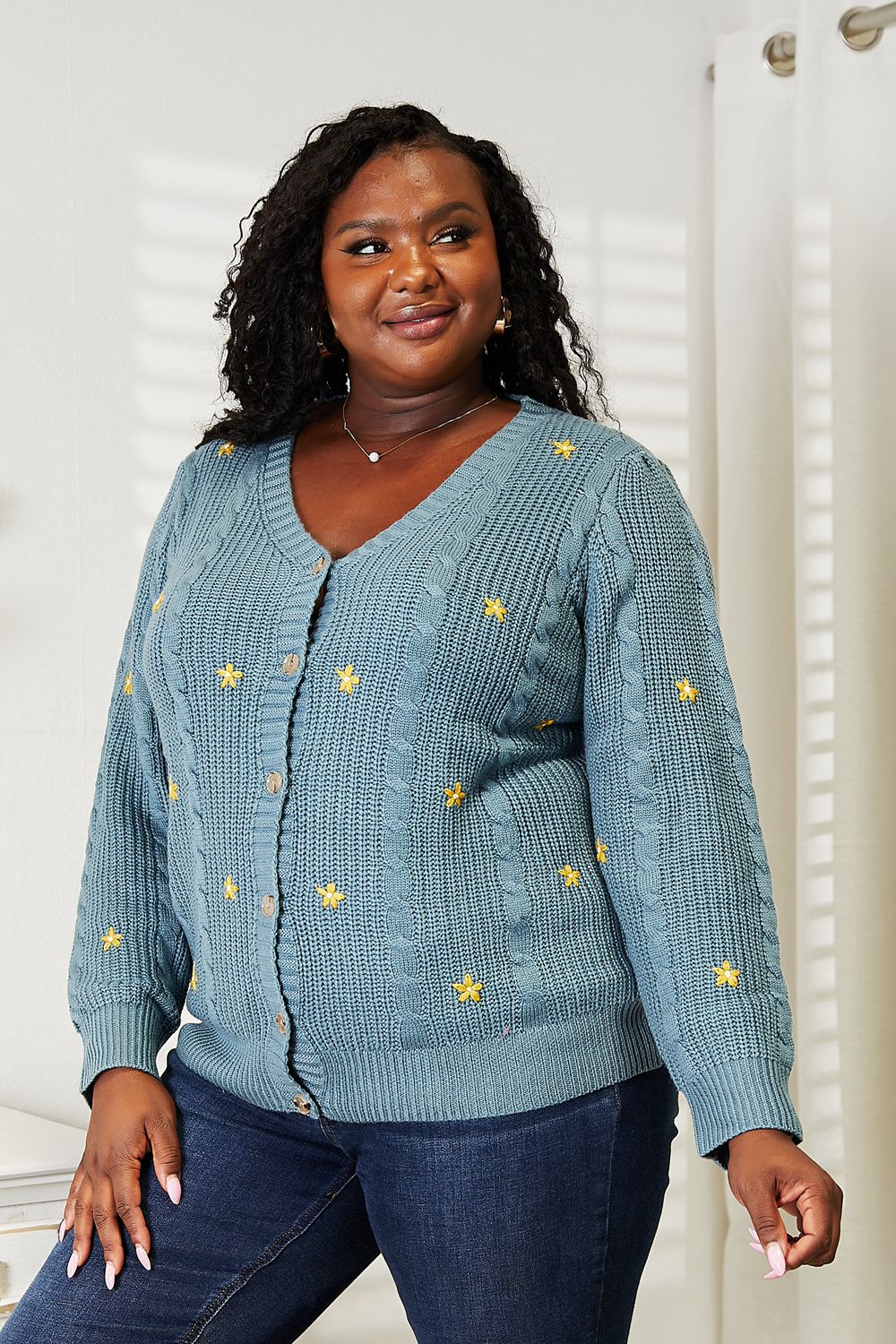 Glownestbest® | HEYSON Full Size Floral Embroidered Cable Cardigan b87214c402be4601b61c37fba5404566-Max Glownestbest