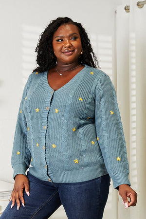 Glownestbest® | HEYSON Full Size Floral Embroidered Cable Cardigan b87214c402be4601b61c37fba5404566-Max Glownestbest