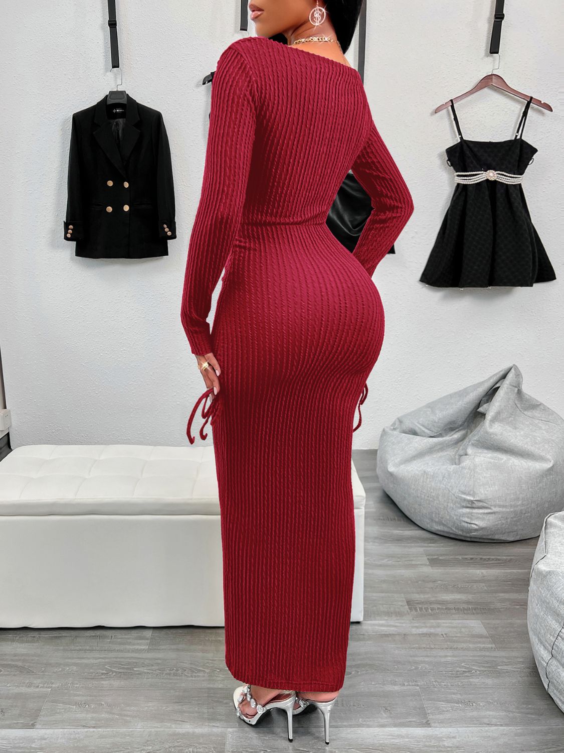 Drawstring Textured Long Sleeve Wrap Dress ba90655a-2de5-4a5b-85a4-0d0c97f88816-Max Glownestbest