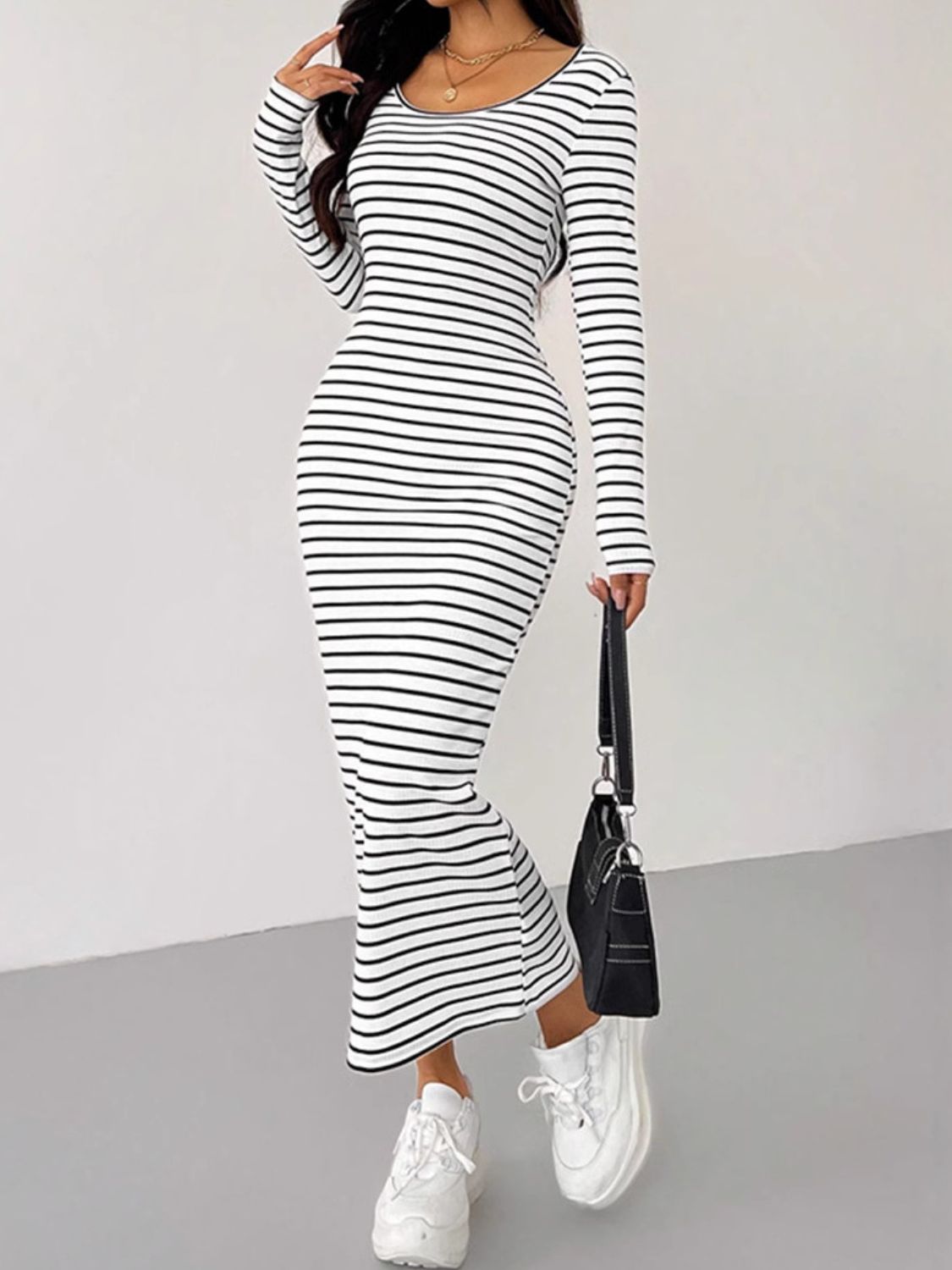 Striped Scoop Neck Long Sleeve Midi Tee Dress White baa8c39a-a52d-4ba2-8f4d-e2d0ee585f13-Max Glownestbest