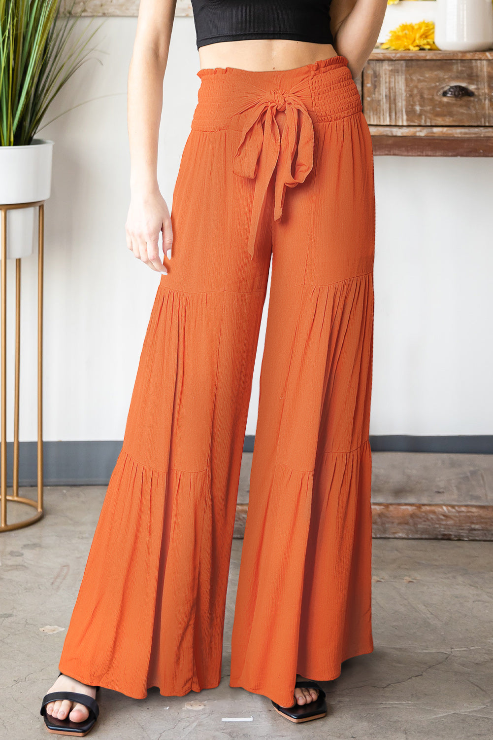 Tied Smocked Waist Tiered Culottes Tangerine baf1a036906f4751b91c19f4b4dd52f6-Max Trendsi