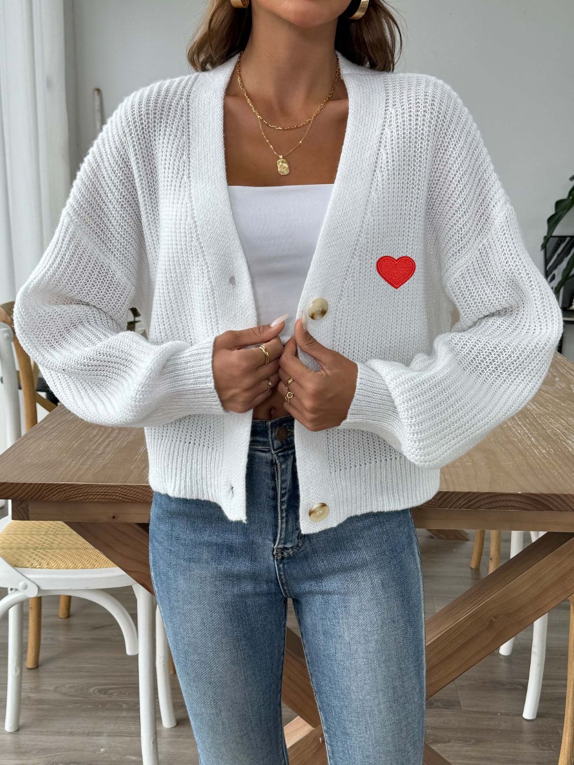 Heart Button Down V-Neck Long Sleeve Cardigan bb1468bf-2bb1-4780-af1a-b12a93c1e90b-Max Glownestbest