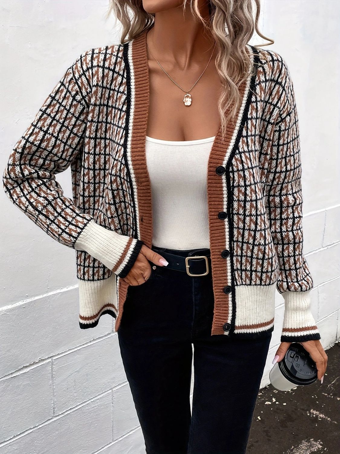 Plaid V-Neck Button Up Cardigan bb51ddf6-5e0b-4802-9186-040b823569b1-Max Glownestbest