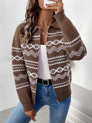 Perfee Geometric Zip Up Collared Neck Long Sleeve Cardigan bb9f4521-517a-44c0-8238-42c0432f8f79-Max Glownestbest