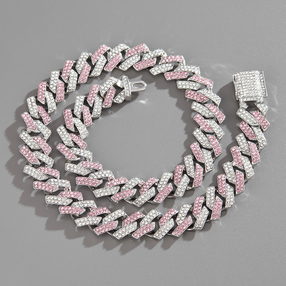 Trendy and fashionable Cuban chain with diamond-shaped design men's hip-hop style necklace and bracelet set Silver+Pink white bc1191f9-f0f4-4938-94b9-e294d3ea6695 Artshiney