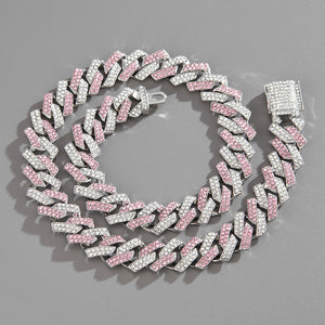 Trendy and fashionable Cuban chain with diamond-shaped design men's hip-hop style necklace and bracelet set Silver+Pink white bc1191f9-f0f4-4938-94b9-e294d3ea6695 Artshiney