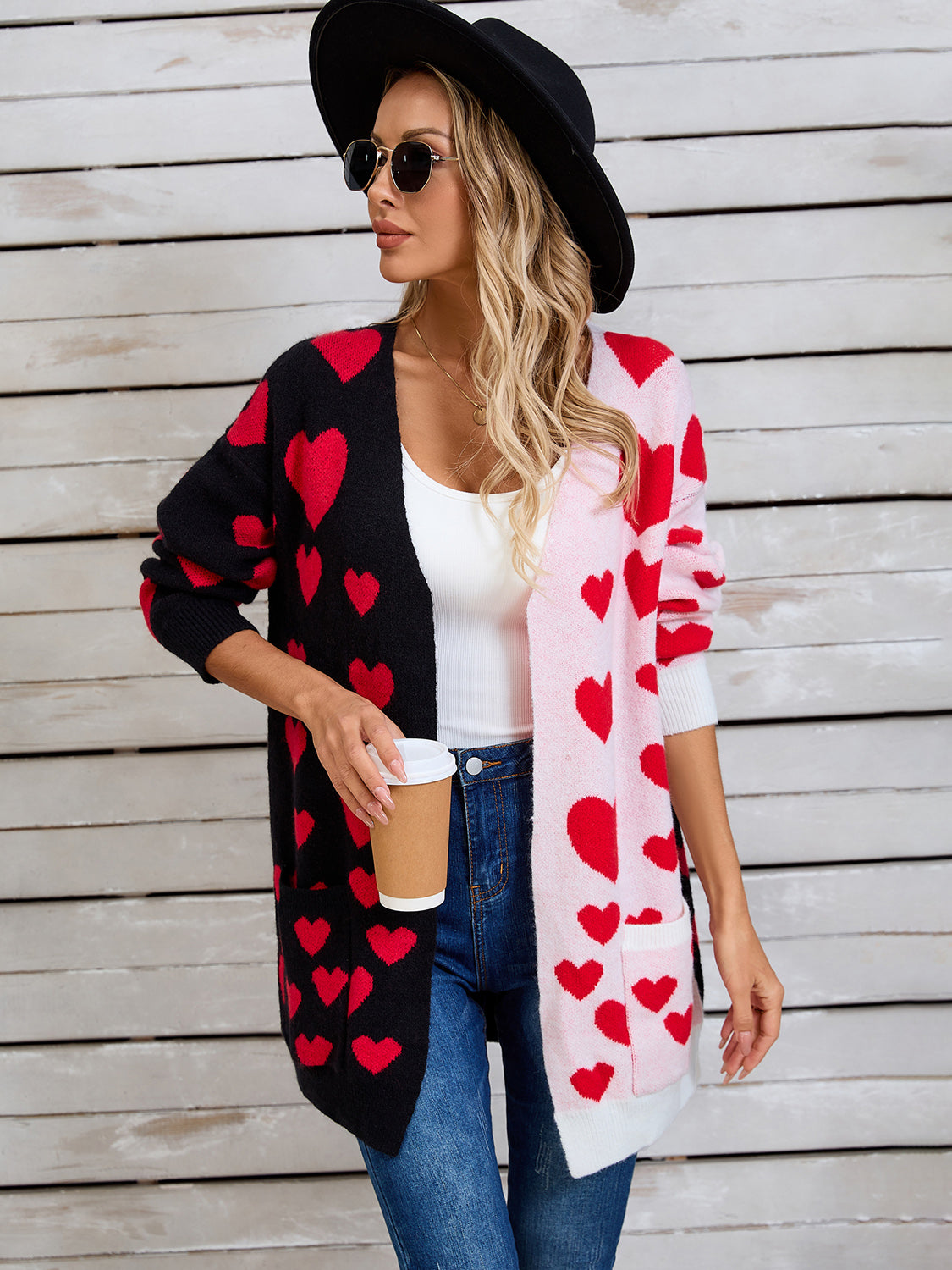 Heart Open Front Long Sleeve Cardigan Black bc8d183b-5188-454b-b4fb-b007b6a02e52-Max Glownestbest