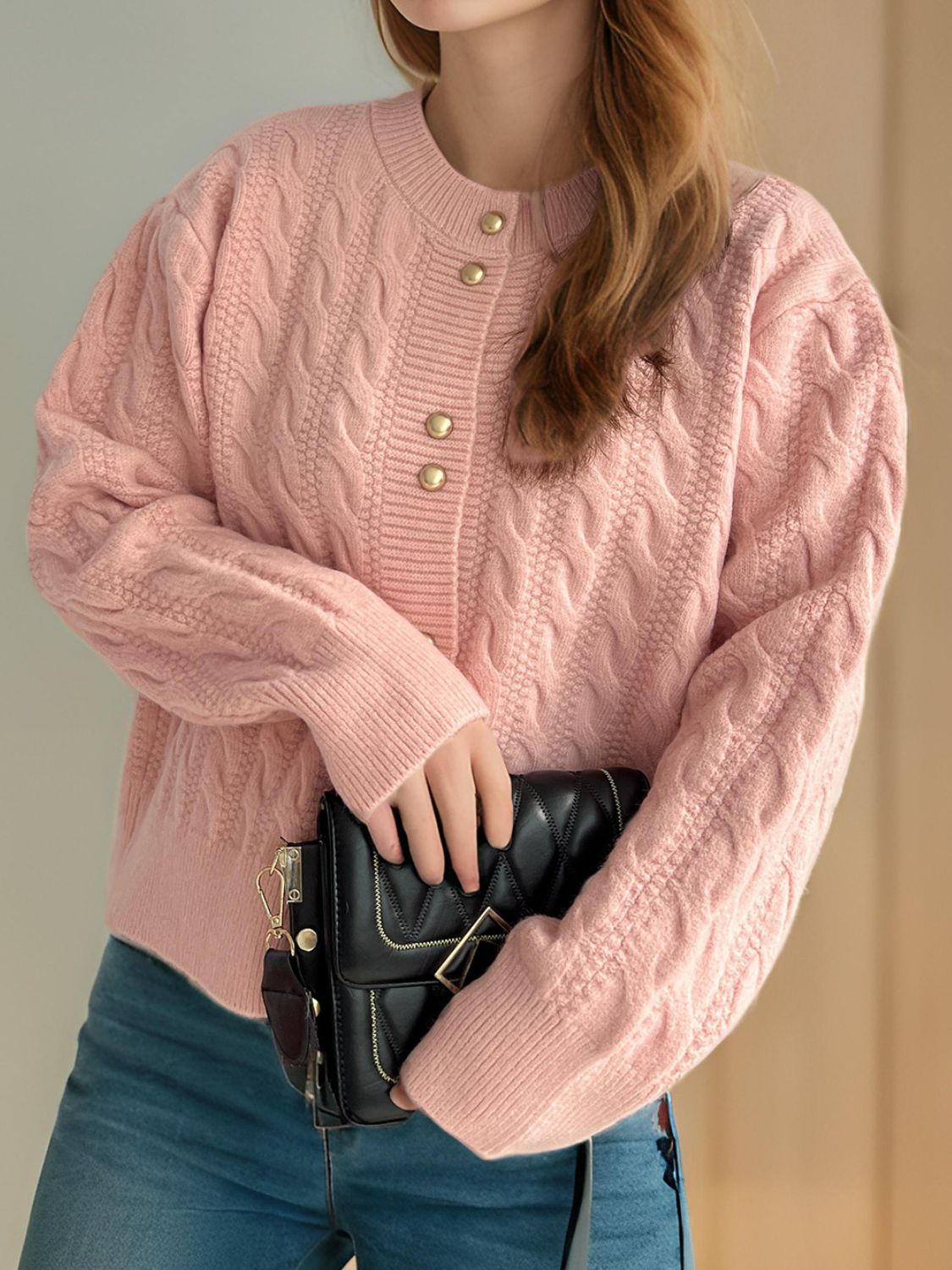 Cable-Knit Round Neck Long Sleeve Cardigan bc917a1f-2436-4e24-bd23-725017ae8d68-Max Glownestbest