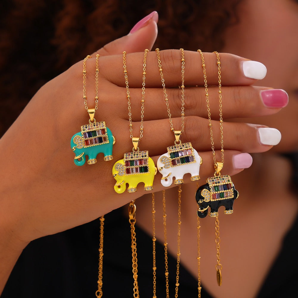 18K Gold Trendy Personalized Elephant Inlaid Gemstone Design Necklace bc92083a-0fd6-4fe7-a4b6-c9a659da751b Glownestbest