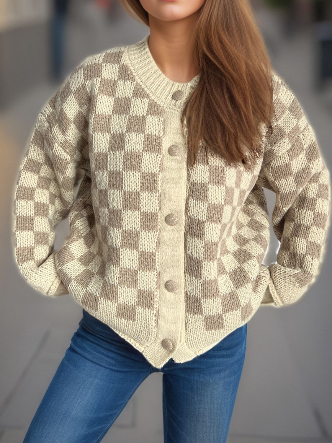 Checkered Button Up Round Neck Cardigan Taupe One Size bc93141f-560e-466e-afe7-9e2fcc20c555-Max Glownestbest