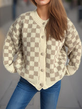 Checkered Button Up Round Neck Cardigan Taupe One Size bc93141f-560e-466e-afe7-9e2fcc20c555-Max Glownestbest