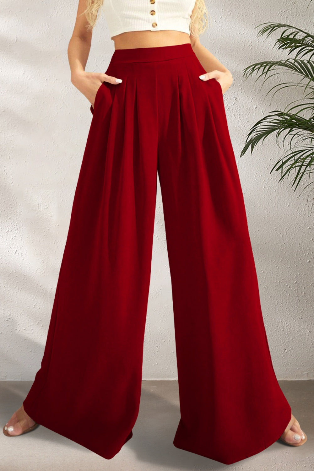 FAM-FAM High Waist Wide Leg Pants Burgundy bca75dac-992a-412b-aa4c-eebd69d94979-Max Trendsi