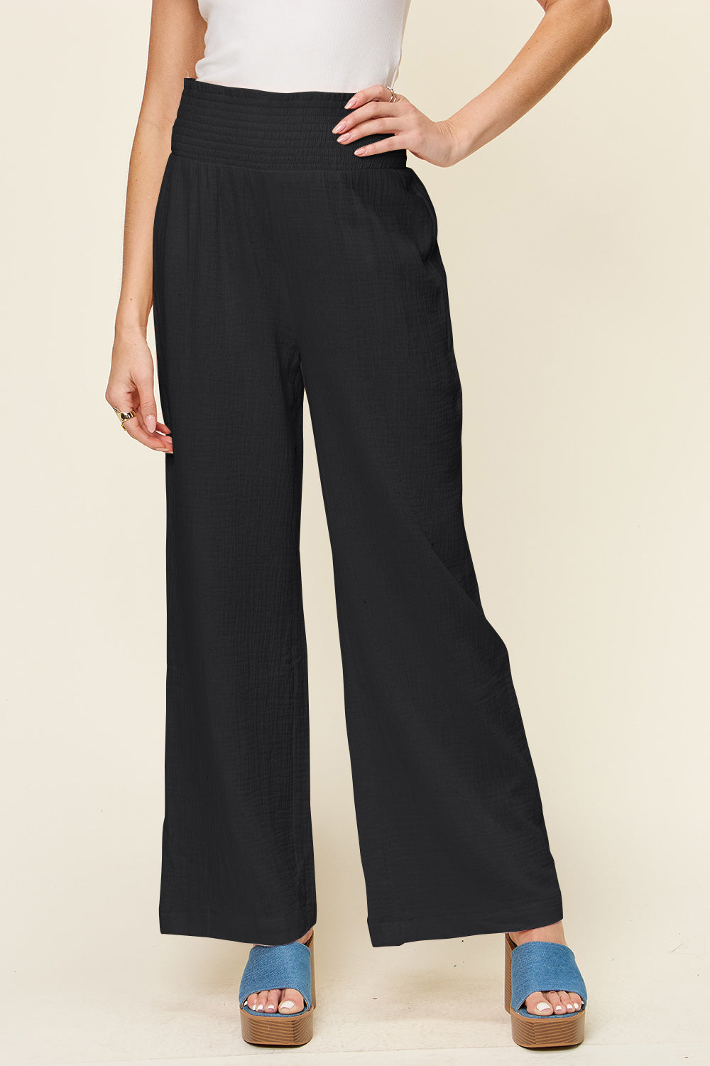 Double Take Full Size Texture Smocked Waist Wide Leg Pants Black bcecefb8-8df0-48a6-96d0-3b6345a205d0-Max Trendsi